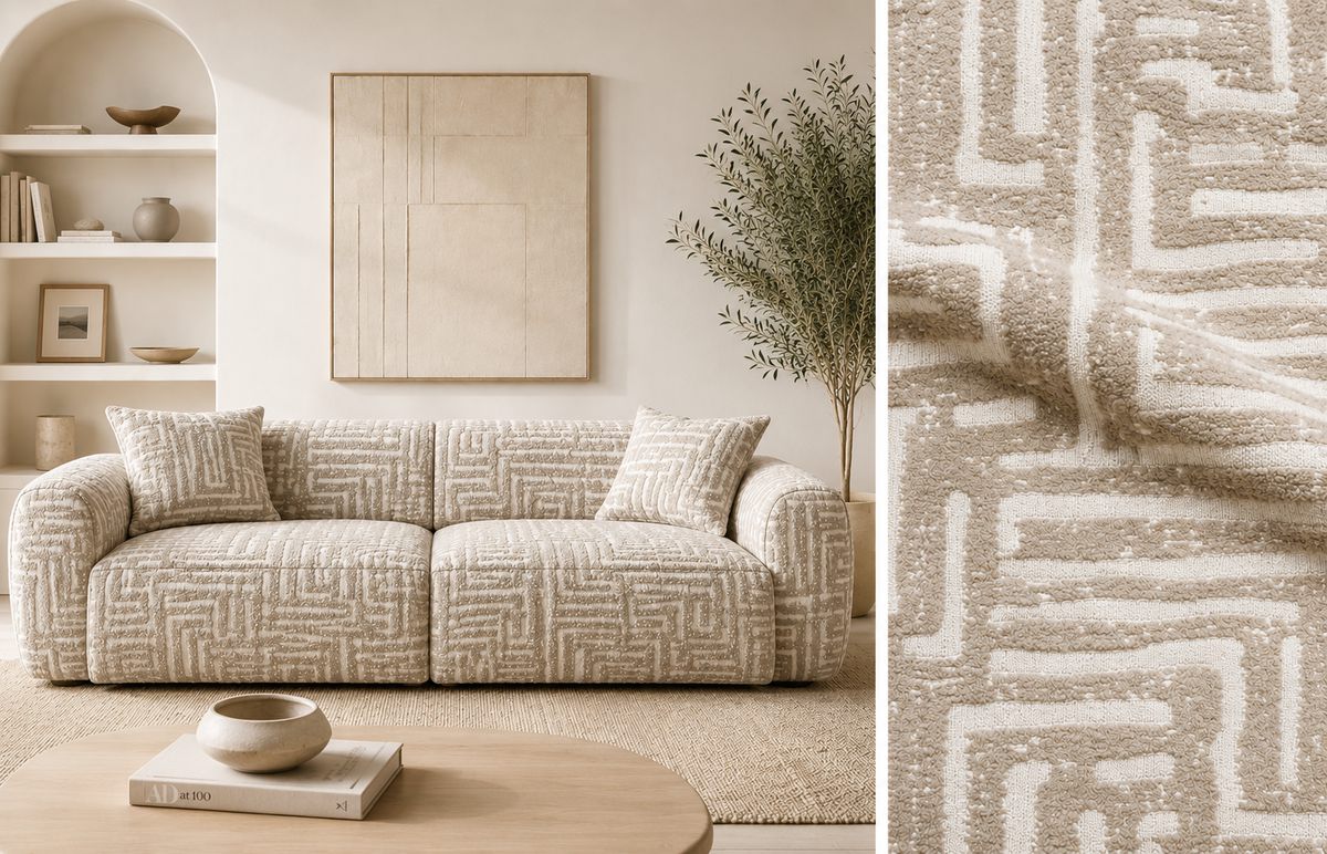 Printed curtain fabrics staged in a room set