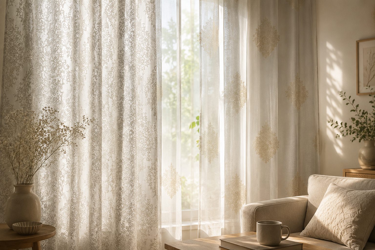 Luxury curtain fabric styled in a living room
